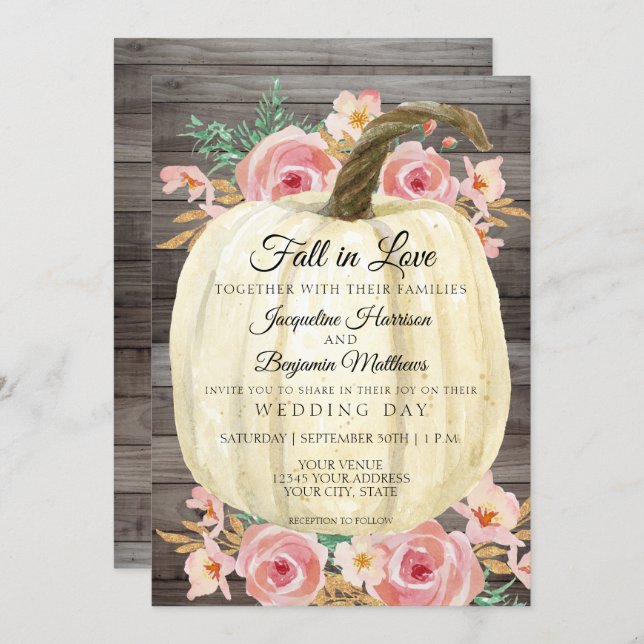 Rustic Watercolor Floral White Pumpkin Rose Wood Invitation (Front/Back)