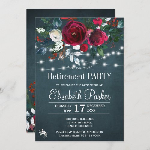 Rustic watercolor floral winter retirement party invitation