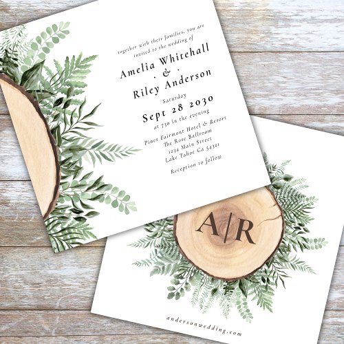 Rustic Watercolor Floral Wood Monogrammed Wedding Invitation