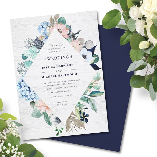 Rustic Watercolor Floral Wood Navy Summer Wedding Invitation (Creator Uploaded)