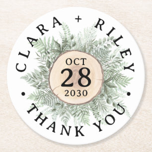 Rustic Watercolor Floral Wood Wedding Thank You Round Paper Coaster