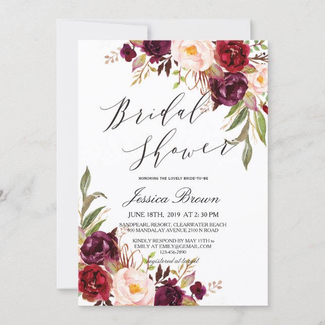 Rustic Watercolor Floral Wreath Bridal Shower Invitation (Front)