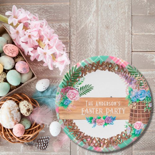 Rustic Watercolor Floral Wreath Happy Easter Paper Plates