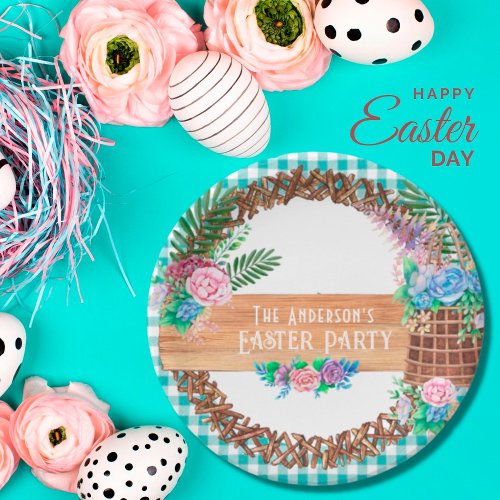 Rustic Watercolor Floral Wreath Happy Easter Paper Plates