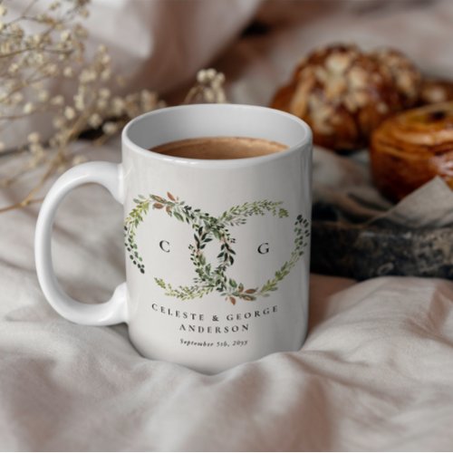 Rustic watercolor floral wreath monogram wedding coffee mug