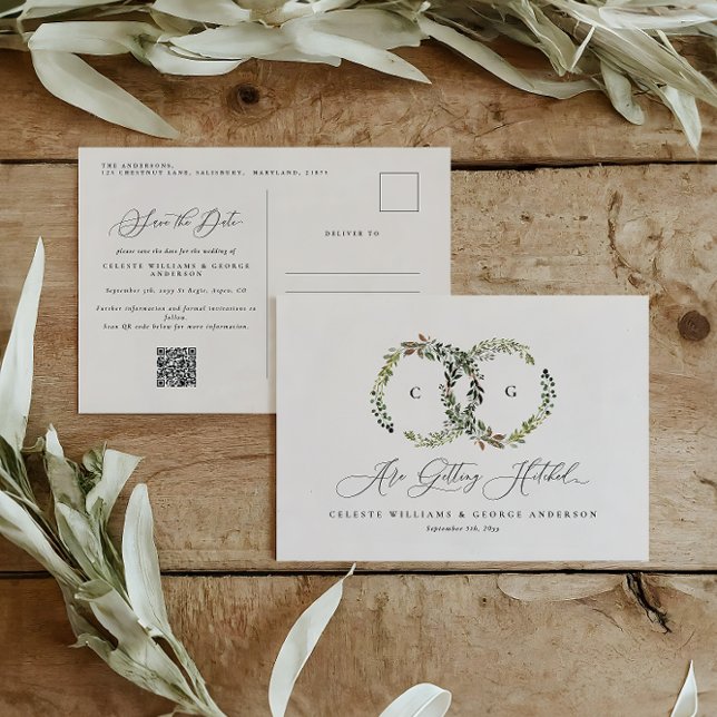 Rustic watercolor floral wreath monogram wedding postcard (Creator Uploaded)