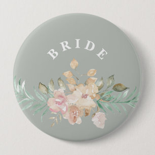 Rustic Watercolor Florals on Sage Green Bride Button