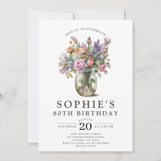 Rustic Watercolor Flowers 80th Birthday Invitation (Front)