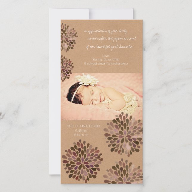 Rustic Watercolor Flowers Baby Girl Thank You Card (Front)