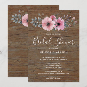 Rustic watercolor flowers barn wood Bridal Shower Invitation