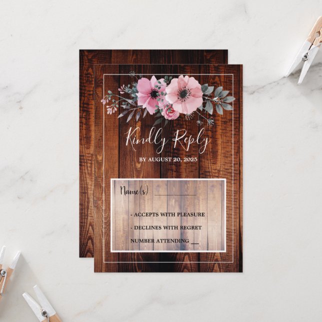 Rustic watercolor flowers barn wood RSVP wedding Invitation (Front/Back In Situ)