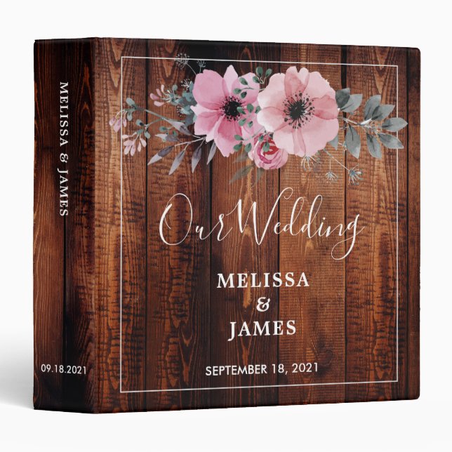 Rustic watercolor flowers barn wood Wedding 3 Ring Binder (Front/Spine)