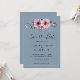 Rustic watercolor flowers dusty blue Save the Date Invitation