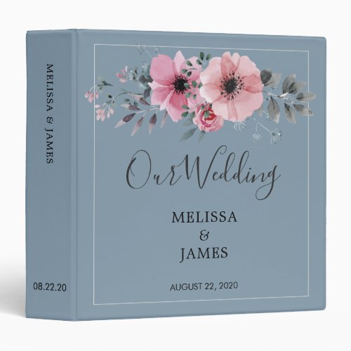 Rustic watercolor flowers dusty blue Wedding 3 Ring Binder