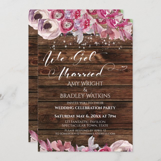 Rustic Watercolor Flowers & Lights We Got Married Invitation (Front/Back)