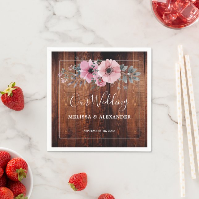 Rustic watercolor flowers on barn wood Wedding Napkins (Insitu)