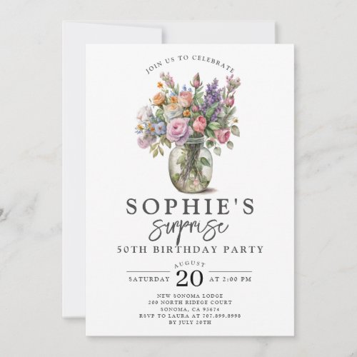 Rustic Watercolor Flowers Surprise 50th Birthday Invitation