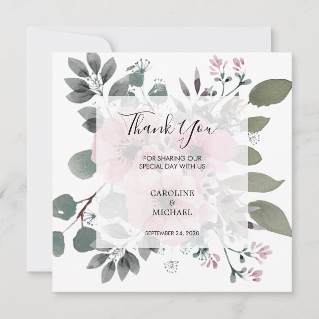 Rustic watercolor flowers Thank You wedding card (Front)
