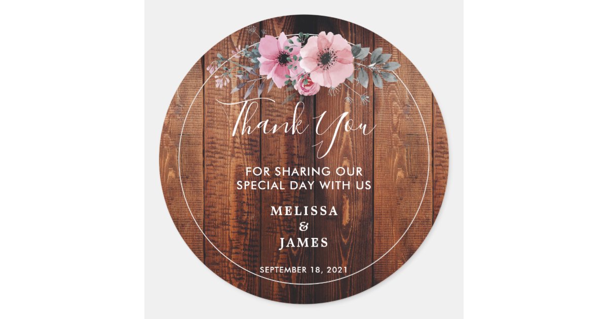 Rustic watercolor flowers wood Wedding Thank You Classic Round Sticker ...