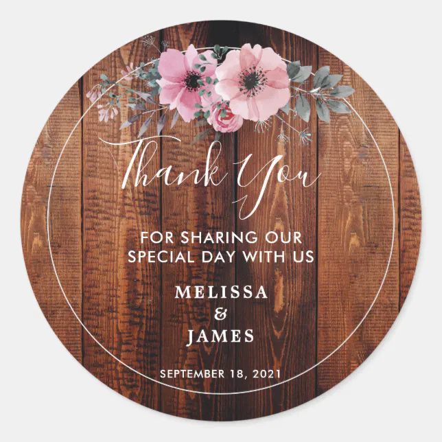 Rustic watercolor flowers wood Wedding Thank You Classic Round Sticker ...