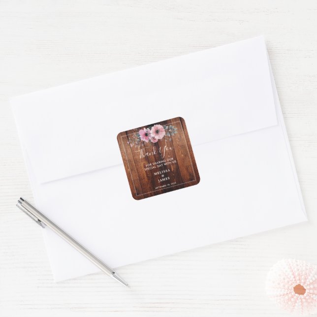 Rustic watercolor flowers wood Wedding Thank You Square Sticker (Envelope)