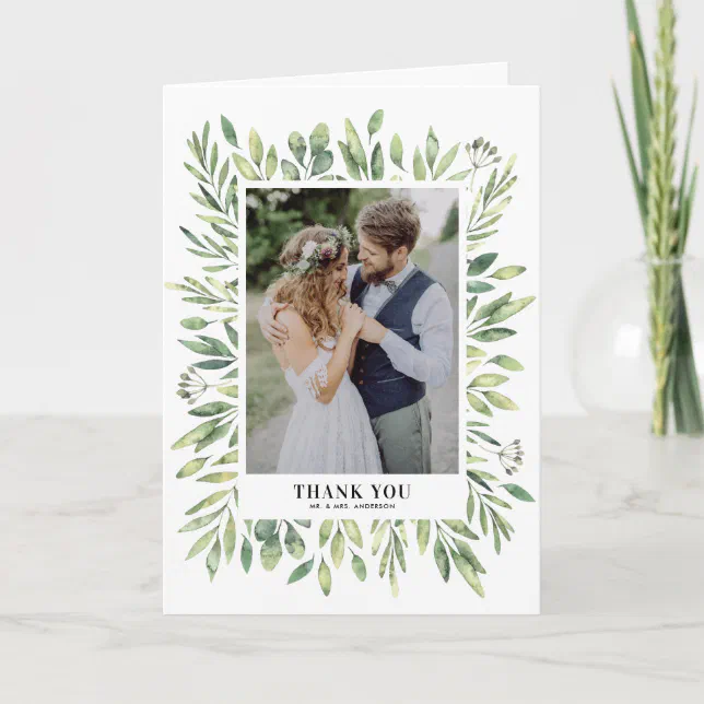 Rustic Watercolor Foliage Frame Photo Wedding Thank You Card | Zazzle