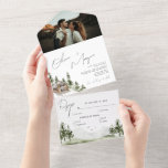 Rustic Watercolor Forest Destination Photo Wedding All In One Invitation<br><div class="desc">This elegant destination wedding features a romantic watercolor scenery with mountain,  pine trees and greenery forest perfect for your mountain top dream wedding and an intricate script calligraphy font of your names giving a more rustic vibe.</div>
