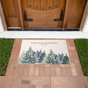 Rustic Watercolor Forest Family Name Christmas Doormat