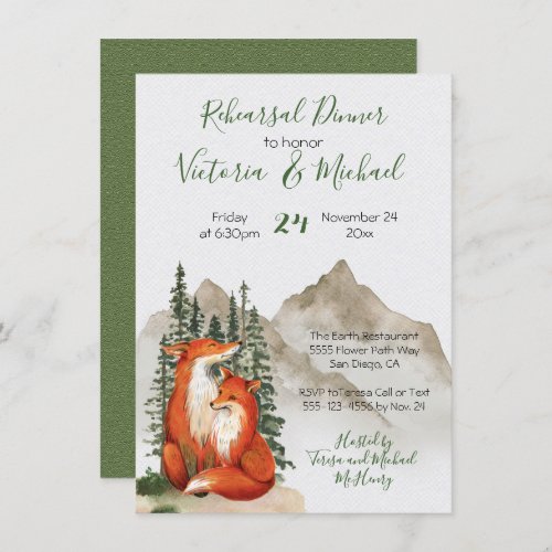 Rustic Watercolor Forest Fox Rehearsal Dinner Invitation