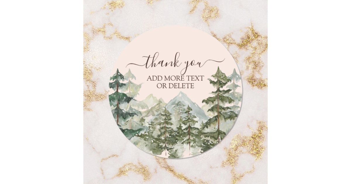 Rustic Watercolor Forest & Mountain Thank You Classic Round Sticker ...