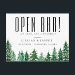 Rustic Watercolor Forest Open Bar Save the Date Announcement Postcard<br><div class="desc">Rustic watercolor green forest trees,  wedding save the date postcard. Card features funny "OPEN BAR!" on front with elegant calligraphy "Save the Date",  on back.</div>