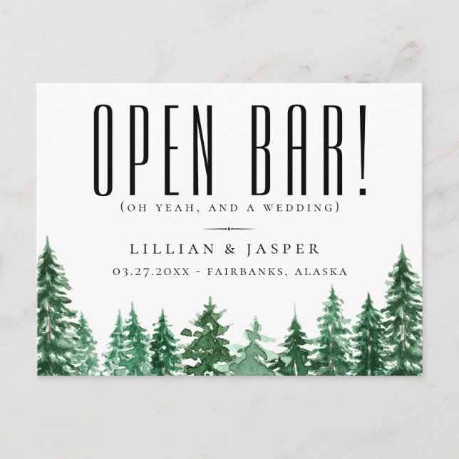 Rustic Watercolor Forest Open Bar Save the Date Announcement Postcard (Front)