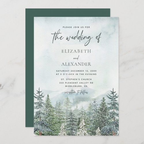 Rustic Watercolor Forest Pine Trees Winter Wedding Invitation