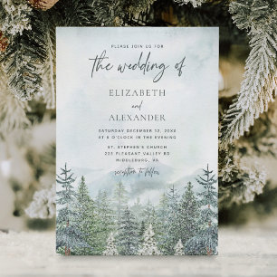 Rustic Watercolor Forest Pine Trees Winter Wedding Invitation