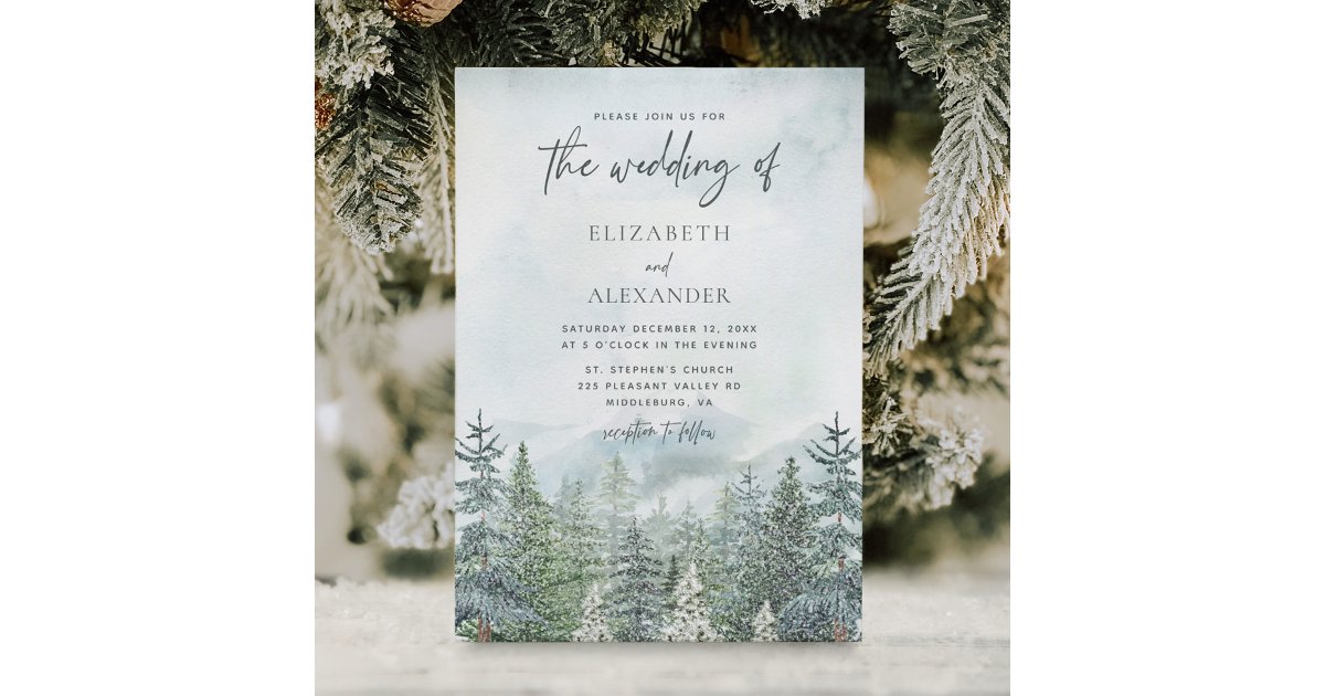 Rustic Watercolor Forest Pine Trees Winter Wedding Invitation | Zazzle