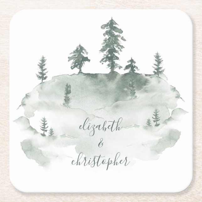 Rustic Watercolor Forest Pinery Wedding Square Paper Coaster (Front)
