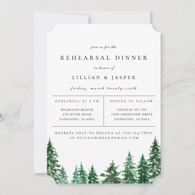 Rustic Watercolor Forest Rehearsal Dinner Announcement (Front)