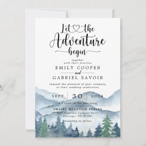 Rustic Watercolor Forest Wedding Adventure Begins Invitation