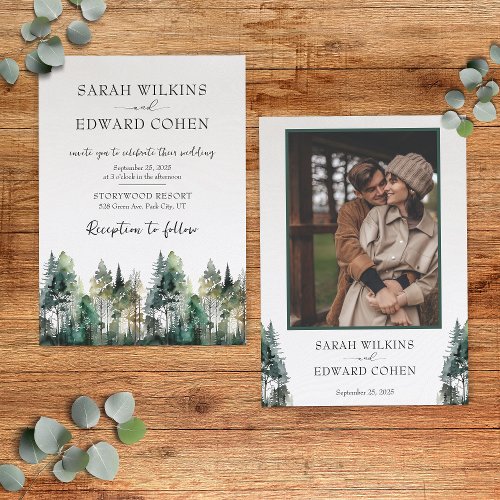 Rustic Watercolor Forest Wedding Invitation