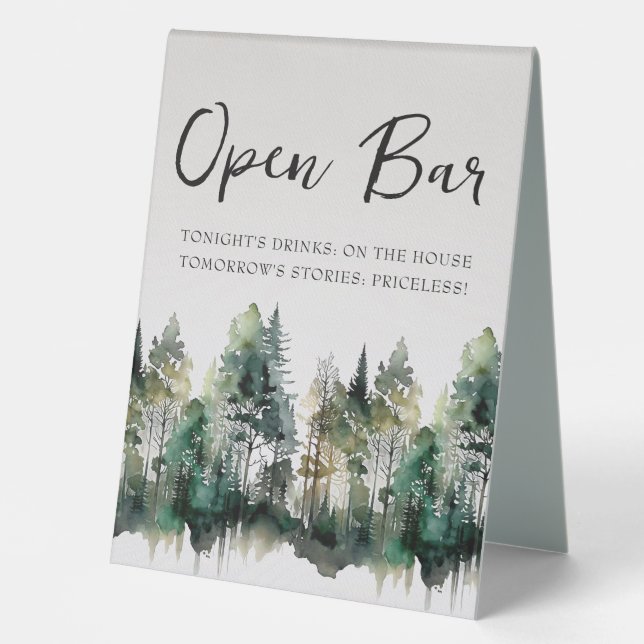 Rustic Watercolor Forest Wedding Open Bar Table Tent (Front)