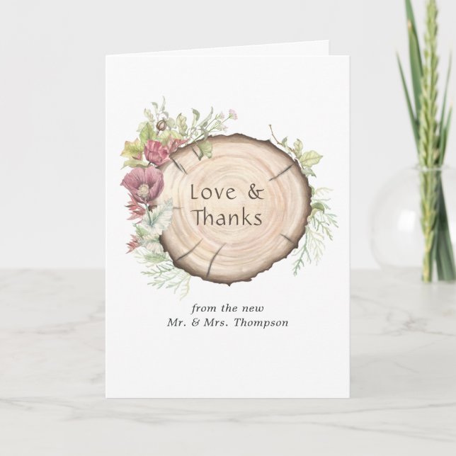 Rustic Watercolor Forest Wedding Photo Thank You Card (Front)