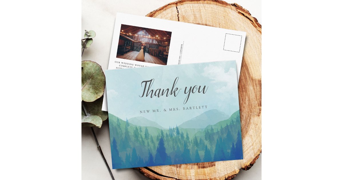 Rustic Watercolor Forest Wedding Photo Thank You Postcard | Zazzle