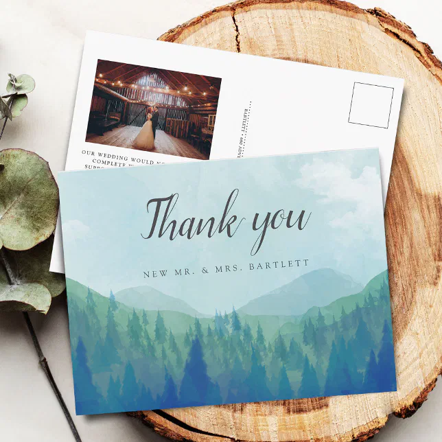 Rustic Watercolor Forest Wedding Photo Thank You Postcard | Zazzle