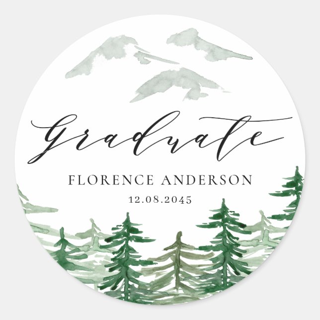 Rustic Watercolor Forest Woodland Graduation  Classic Round Sticker (Front)
