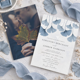 Rustic Watercolor Ginkgo Dusty Blue Wedding Invitation