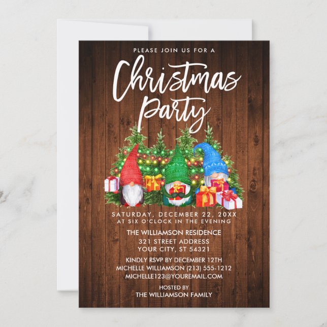 Rustic Watercolor Gnomes Lights Christmas Party Invitation (Front)