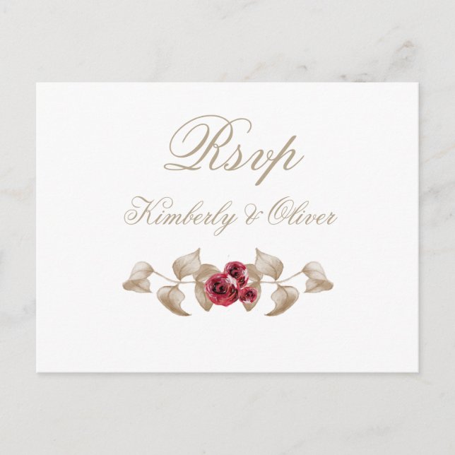 Rustic Watercolor Gold Burgundy Floral Wedding Invitation Postcard (Front)