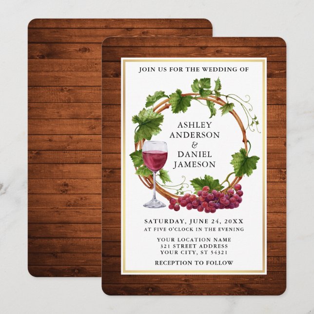 Rustic Watercolor Grape Vines Wood Wreath Wedding Invitation (Front/Back)