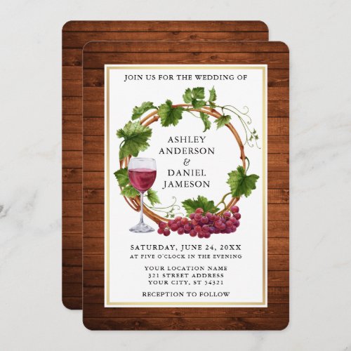 Rustic Watercolor Grape Vines Wood Wreath Wedding Invitation