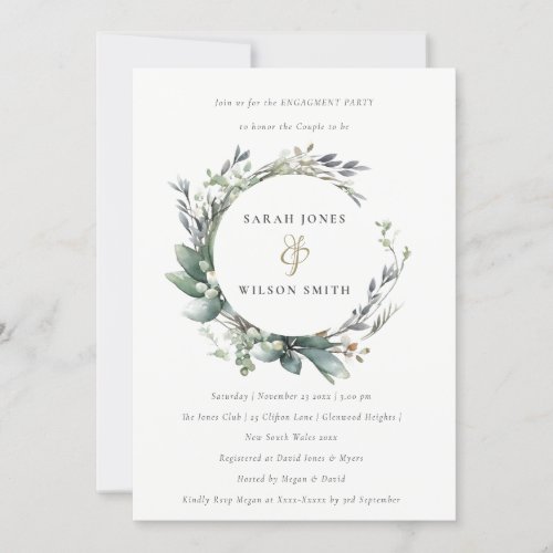 Rustic Watercolor Green Foliage Wreath Engagement  Invitation